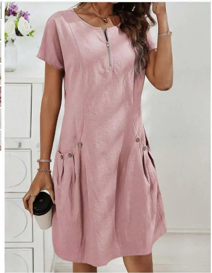 Robe Élégante à Manches Courtes avec Fermeture Zippée et Poches
