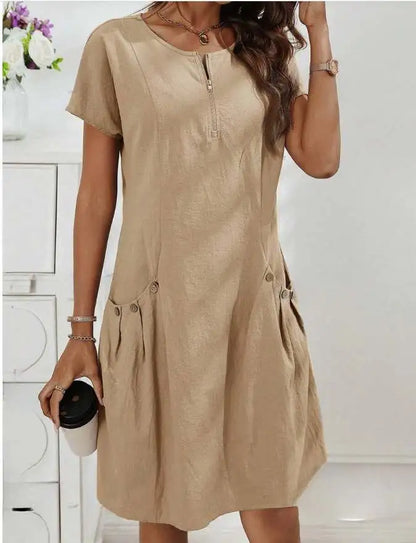 Robe Élégante à Manches Courtes avec Fermeture Zippée et Poches