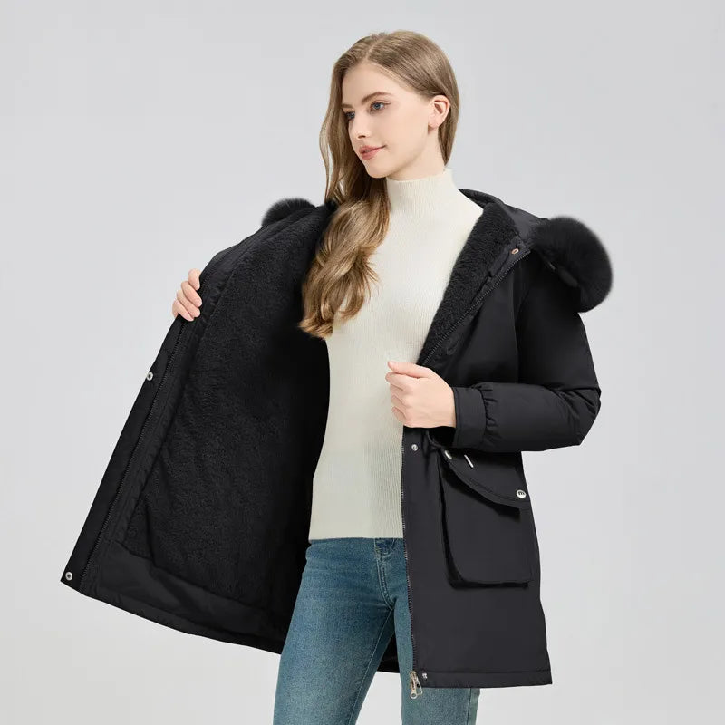 Veste d'hiver femme avec capuche en fausse fourrure - Style élégante