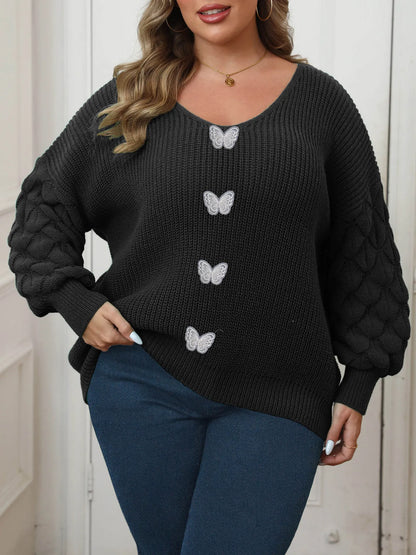 Pul Femme Col V - Broderie Papillon & Manches Tressées