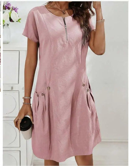 Robe Élégante à Manches Courtes avec Fermeture Zippée et Poches