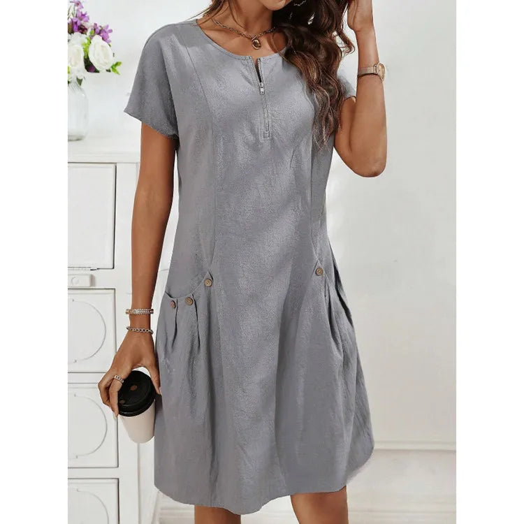 Robe Élégante à Manches Courtes avec Fermeture Zippée et Poches