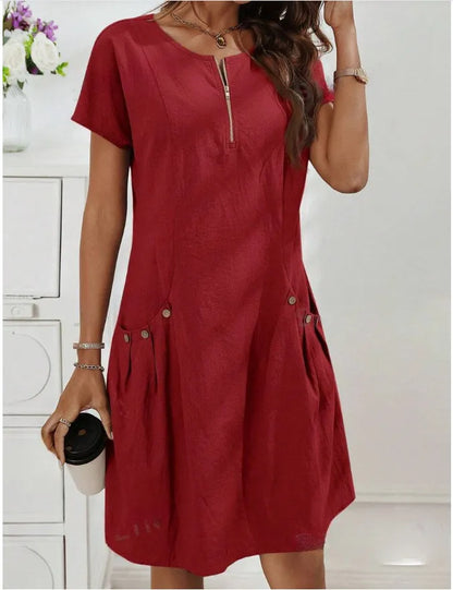Robe Élégante à Manches Courtes avec Fermeture Zippée et Poches