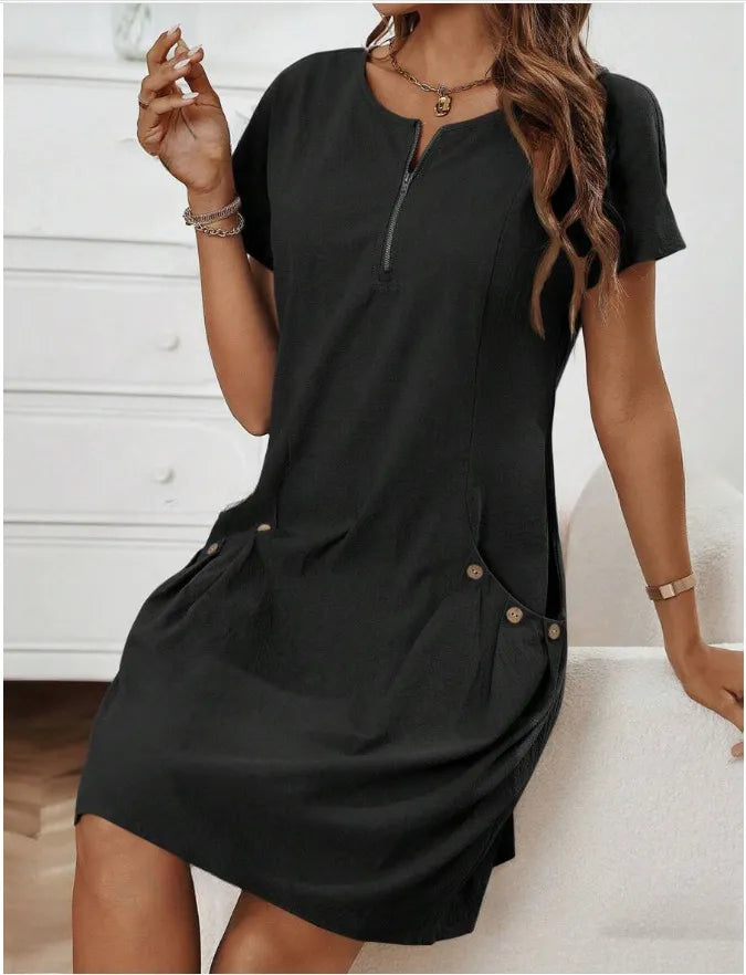 Robe Élégante à Manches Courtes avec Fermeture Zippée et Poches