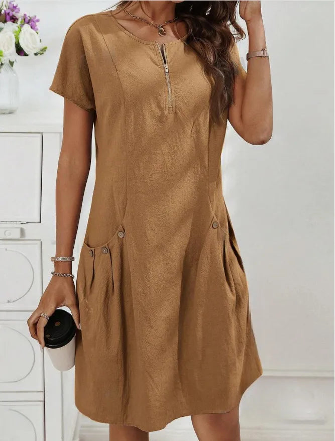 Robe Élégante à Manches Courtes avec Fermeture Zippée et Poches