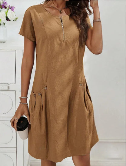 Robe Élégante à Manches Courtes avec Fermeture Zippée et Poches